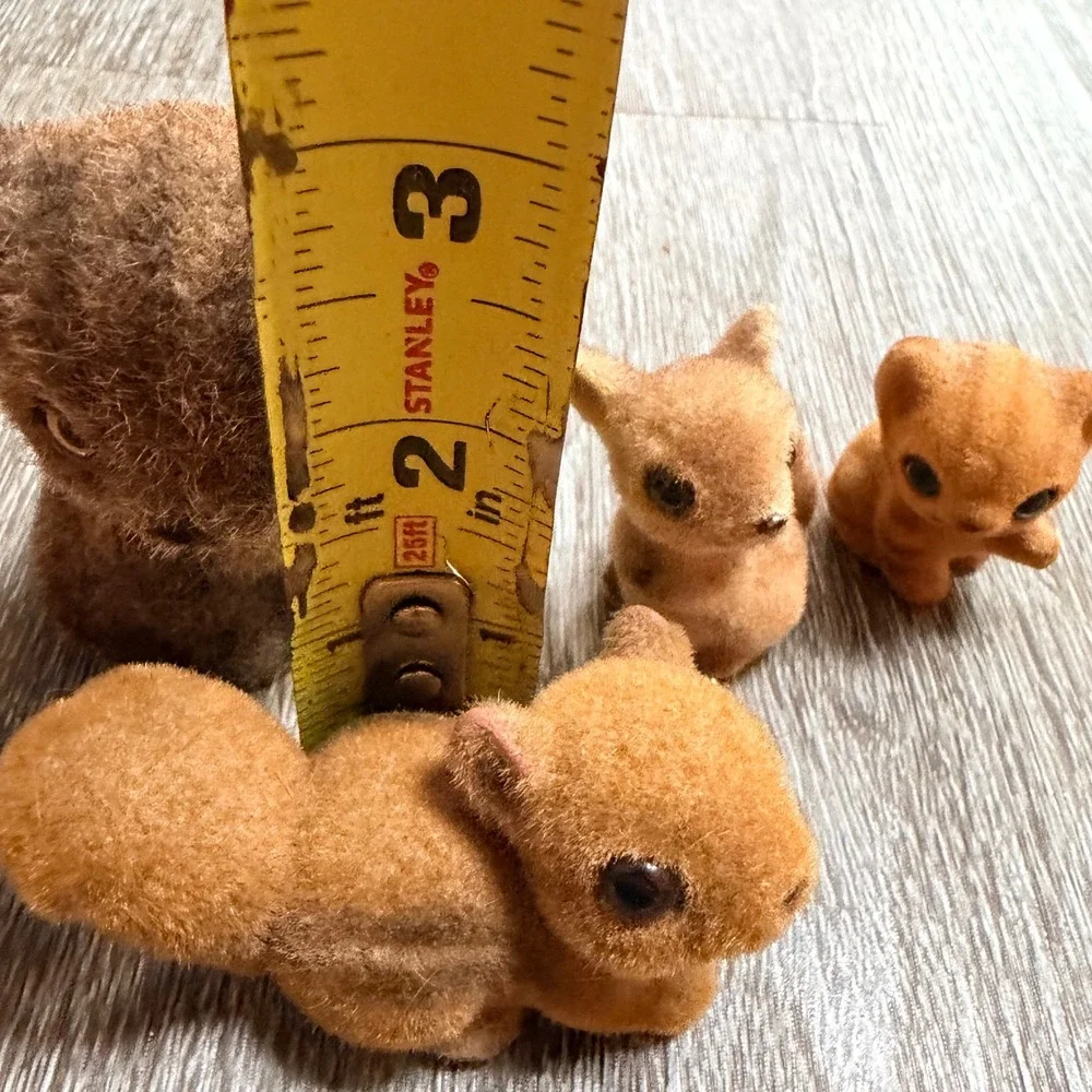 Vintage Flocked Animal Figurine Lot Cat Chipmunk Deer Miniature Fuzzy Toys 4pc